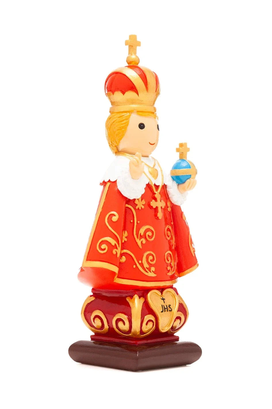 3.5" Infant of Prague figurine with red and gold robe, crown, holding blue orb and standing on decorative base