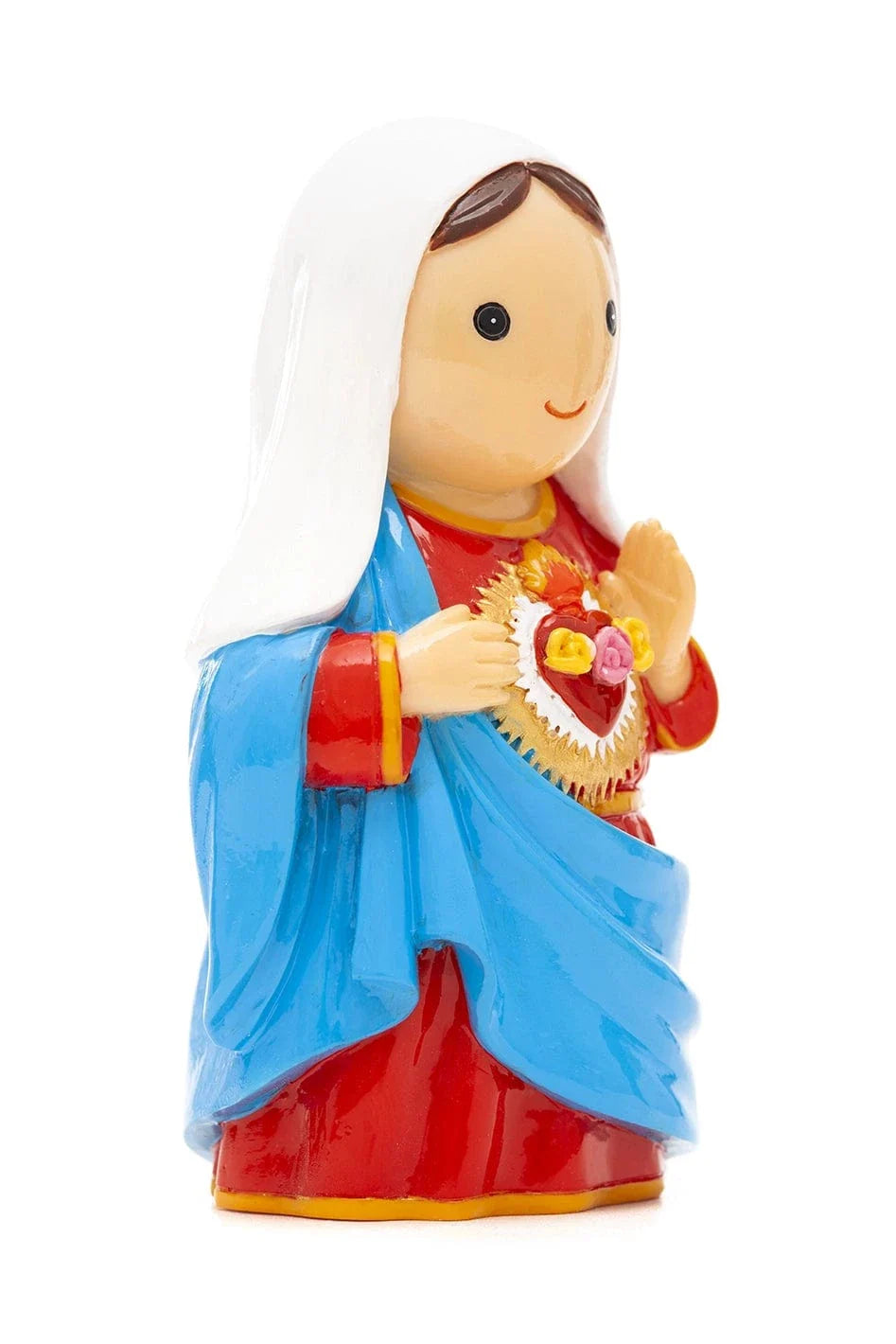 3.5" Immaculate Heart of Mary collector's edition figurine with white veil, blue cloak, and red dress holding heart symbol