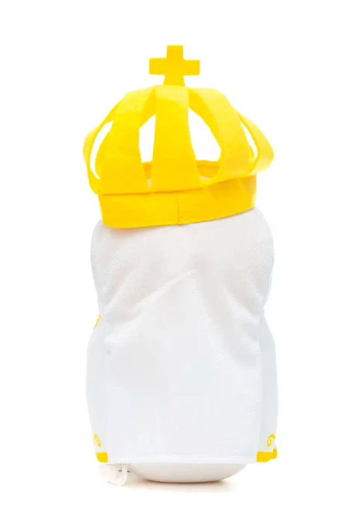White plush Our Lady of Fatima doll wearing yellow crown with cross facing backward on white background