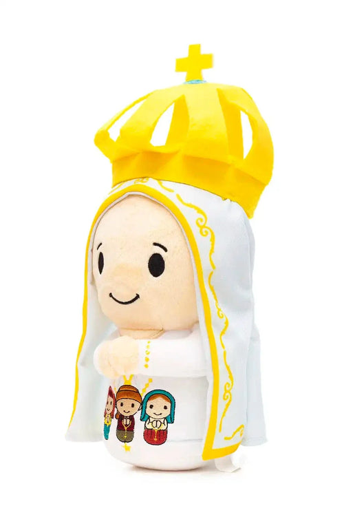 Our Lady of Fatima plush doll 9" with yellow crown and embroidered children on white robe