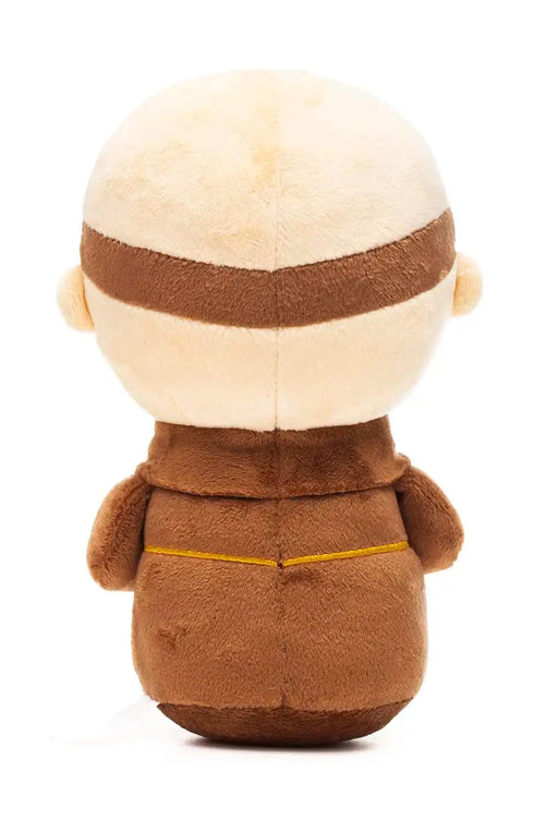 Rear view of 9-inch Saint Anthony plush doll wearing brown robe and headband with yellow stitched rope belt