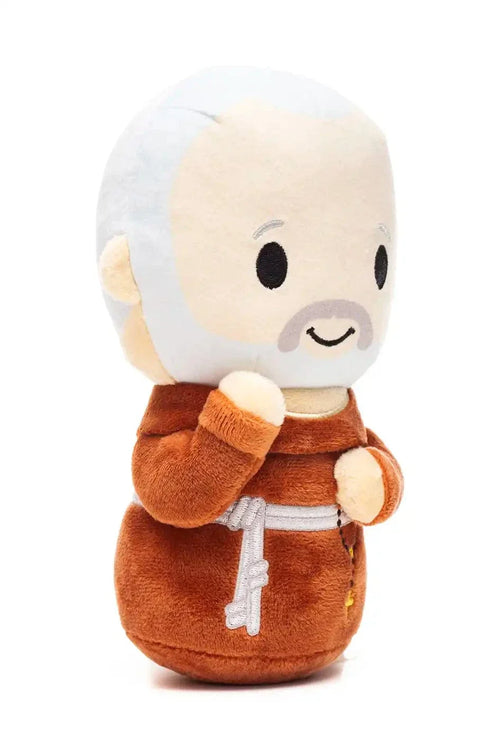 9-inch plush doll of Saint Padre Pio in brown robe with white belt and gentle smiling face on white background