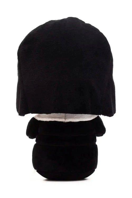 Back view of Saint Rita plush doll wearing black habit and white collar on white background