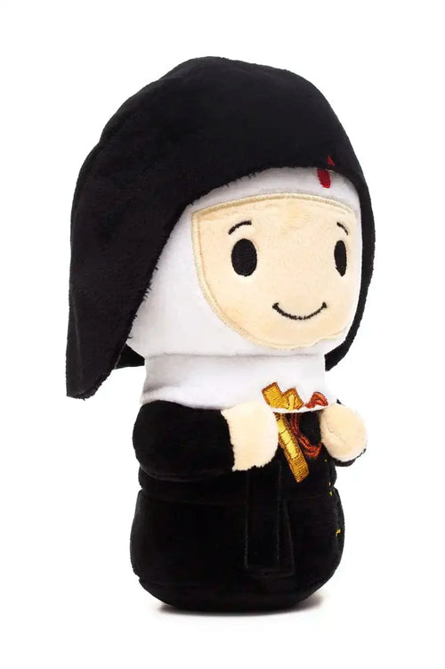 Plush Saint Rita doll in black habit with white wimple holding golden cross, soft fabric Catholic saint figure