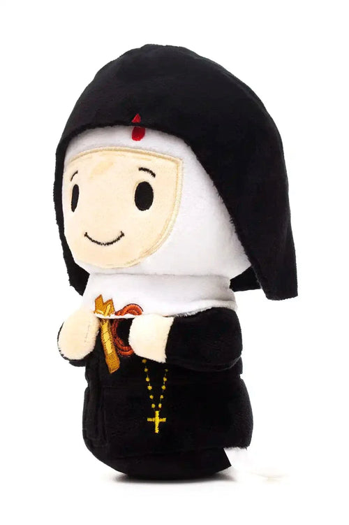 Saint Rita plush doll wearing black and white habit with embroidered cross and heart on chest on white background