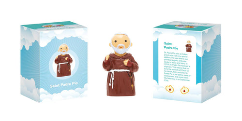 3.5" Saint Padre Pio collector's edition figurine in brown robe with packaging box featuring saint info and cloud design