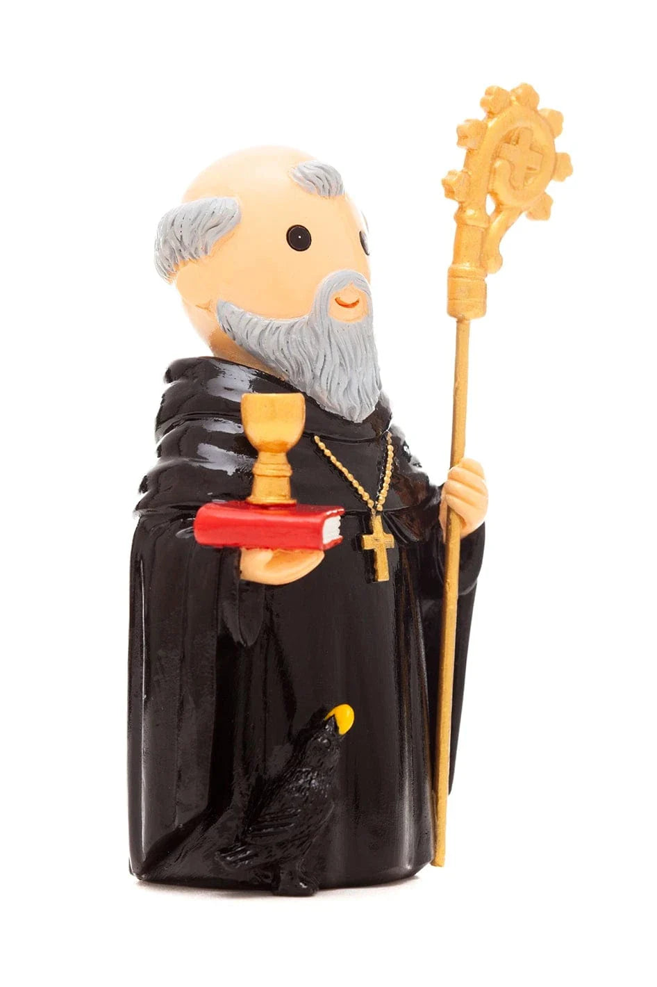 3.5" Saint Benedict figurine holding chalice and book with gold staff and black crow at base on white background
