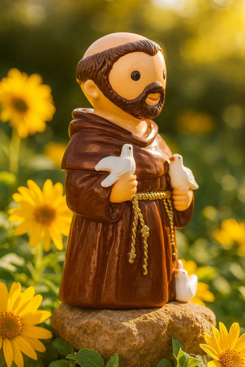 3.5" Saint Francis figurine holding white doves on stone base with yellow flowers in soft sunlight background