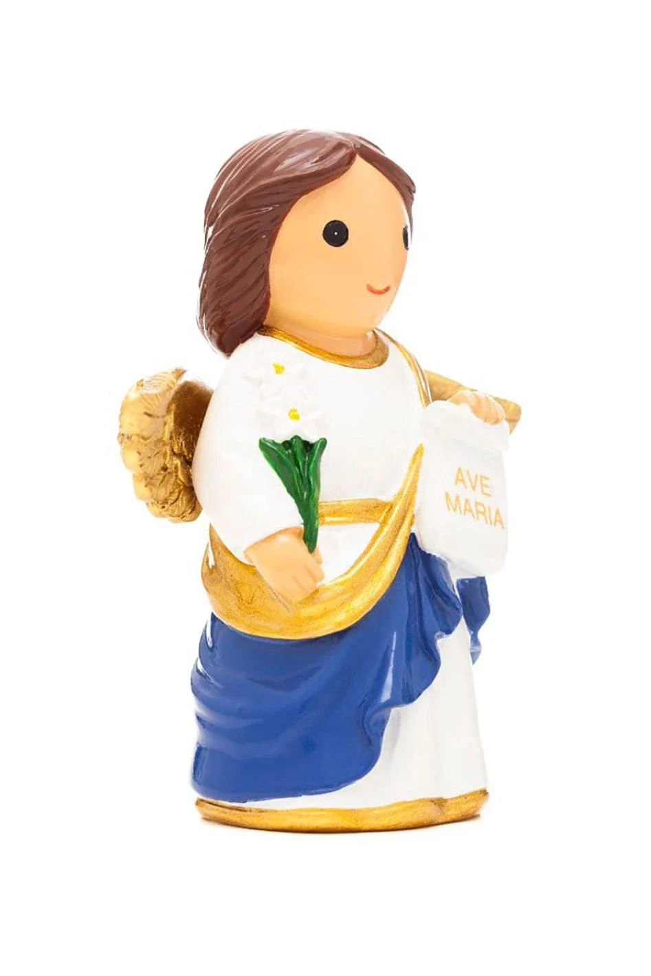 3.5" Saint Gabriel collector’s edition figurine holding lilies and Ave Maria scroll with gold and blue accents