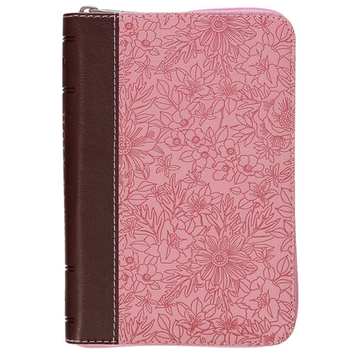 Pink and saddle tan faux leather mini King James Bible with floral embossed cover and zippered closure compact design