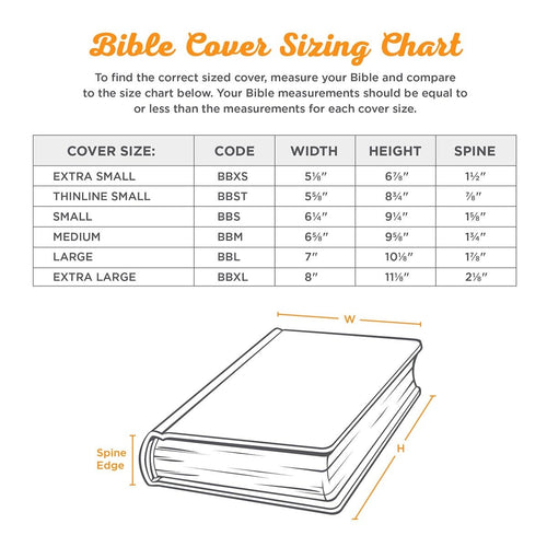 Bible cover sizing chart with measurements for width, height, and spine thickness in six cover size categories