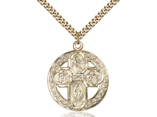 14kt Gold Filled 4-Way Pendant on a 24 inch Gold Plate Heavy Curb Chain - Unique Catholic Gifts