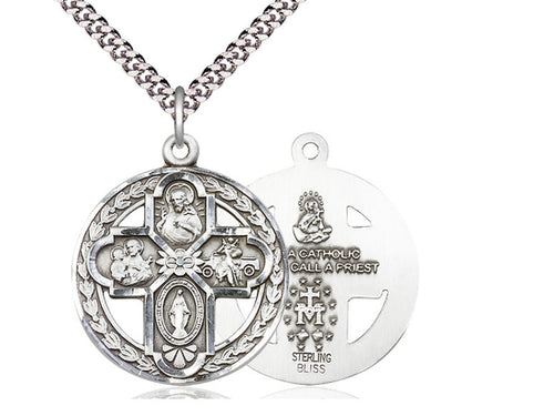 Sterling Silver 4-Way Pendant on a 24 inch Light Rhodium Heavy Curb Chain - Unique Catholic Gifts
