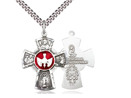 Sterling Silver 5-Way Pendant on a 24 inch Light Rhodium Heavy Curb Chain - Unique Catholic Gifts