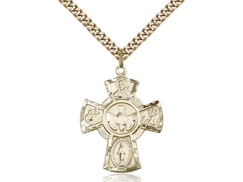 14kt Gold Filled 5-Way Pendant on a 24 inch Gold Plate Heavy Curb Chain - Unique Catholic Gifts
