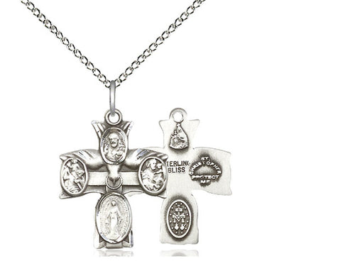 Sterling Silver 4-Way Pendant on a 18 inch Sterling Silver Light Curb Chain - Unique Catholic Gifts
