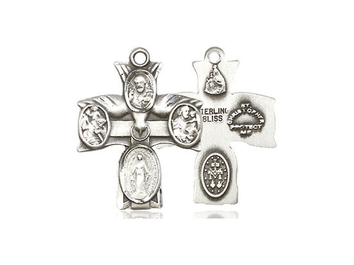 Sterling Silver 4-Way Pendant on a 18 inch Sterling Silver Light Curb Chain - Unique Catholic Gifts