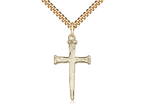 14kt Gold Filled Nail Cross Pendant on a 24 inch Gold Plate Heavy Curb Chain - Unique Catholic Gifts