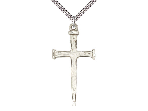 Sterling Silver Nail Cross Pendant on a 24 inch Light Rhodium Heavy Curb Chain - Unique Catholic Gifts