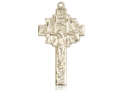 14kt Gold Filled Crucifix-IHS Pendant on a 24 inch Gold Plate Heavy Curb Chain - Unique Catholic Gifts