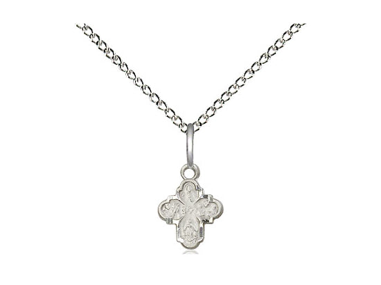 Sterling Silver 4-Way Pendant on a 18 inch Sterling Silver Light Curb Chain - Unique Catholic Gifts