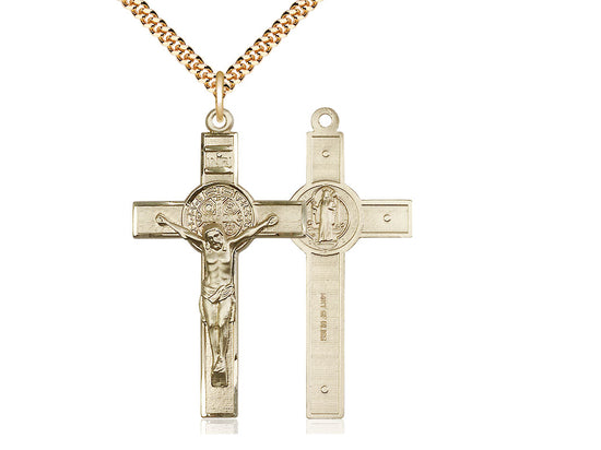 14kt Gold Filled St Benedict Crucifix Pendant on a 24 inch Gold Plate Heavy Curb Chain. - Unique Catholic Gifts