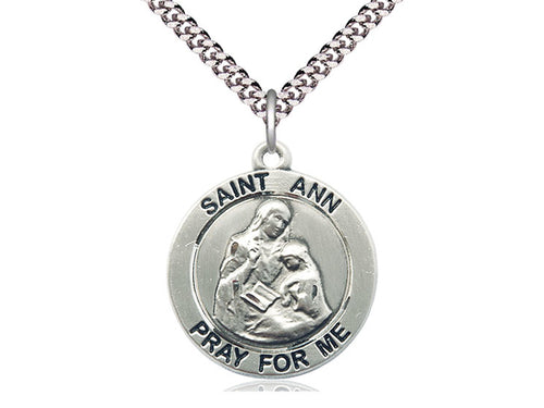 Sterling Silver St Ann Pendant on a 24 inch Light Rhodium Heavy Curb Chain. - Unique Catholic Gifts