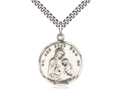 Sterling Silver St Ann Pendant on a 24 inch Light Rhodium Heavy Curb Chain. - Unique Catholic Gifts
