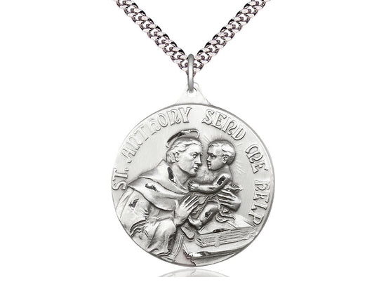 Sterling Silver St Anthony Pendant on a 24 inch Light Rhodium Heavy Curb Chain. - Unique Catholic Gifts