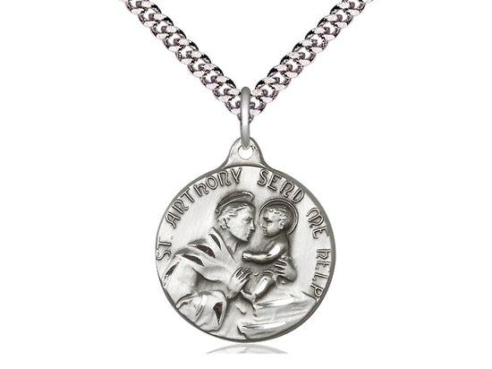 Sterling Silver St Anthony Pendant on a 24 inch Light Rhodium Heavy Curb Chain. - Unique Catholic Gifts