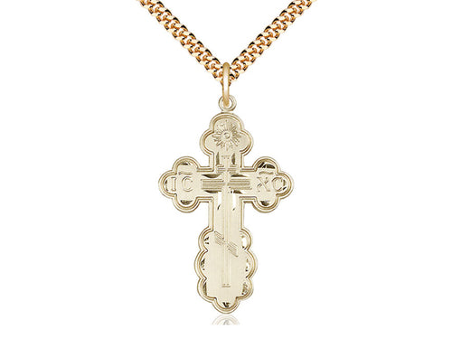 14kt Gold Filled St Olga Cross Pendant on a 24 inch Gold Plate Heavy Curb Chain - Unique Catholic Gifts