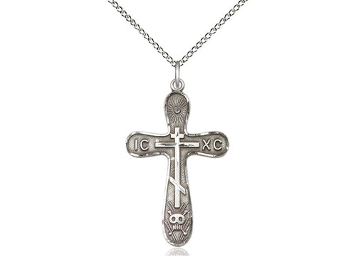 Sterling Silver Golgotha Cross Pendant on a 18 inch Sterling Silver Light Curb Chain - Unique Catholic Gifts