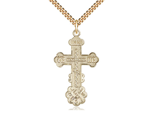 14kt Gold Filled Kiev Cross Pendant on a 24 inch Gold Plate Heavy Curb Chain - Unique Catholic Gifts