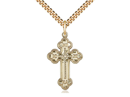 14kt Gold Filled Russian Cross Pendant on a 24 inch Gold Plate Heavy Curb Chain - Unique Catholic Gifts