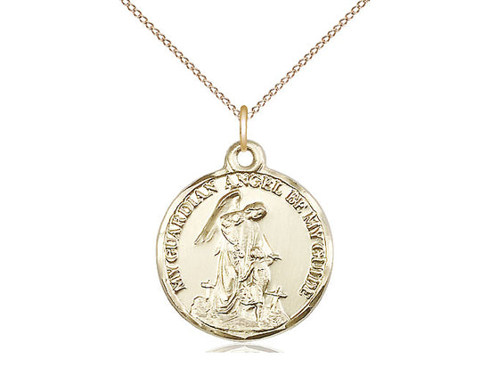 14kt Gold Filled Guardian Angel Pendant on a 18 inch Gold Filled Light Curb Chain - Unique Catholic Gifts
