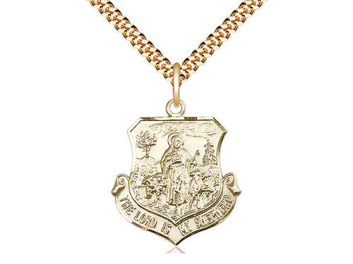 14kt Gold Filled Lord Is My Shepherd Pendant on a 24 inch Gold Plate Heavy Curb Chain - Unique Catholic Gifts