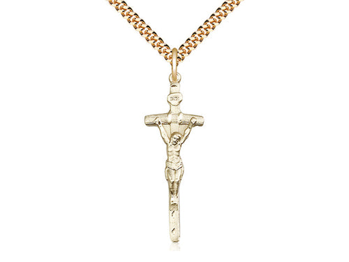 14kt Gold Filled Papal Crucifix Pendant on a 24 inch Gold Plate Heavy Curb Chain - Unique Catholic Gifts