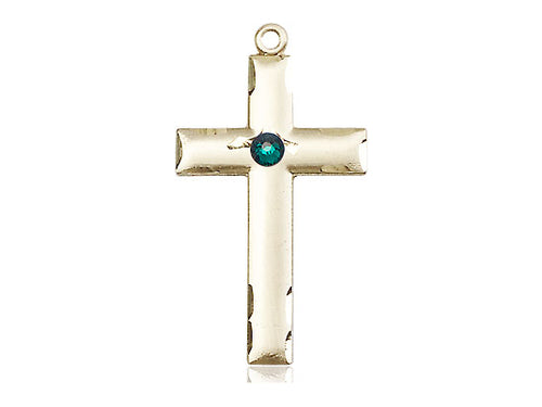 14kt Gold Filled Cross Pendant with a 3mm Emerald Swarovski stone on a 18 inch Gold Filled Light Curb Chain - Unique Catholic Gifts