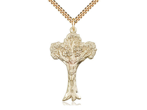 14kt Gold Filled Tree of Life Crucifix Pendant on a 24 inch Gold Plate Heavy Curb Chain - Unique Catholic Gifts