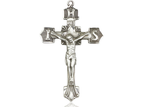 Sterling Silver Crucifix Pendant on a 24 inch Light Rhodium Heavy Curb Chain - Unique Catholic Gifts