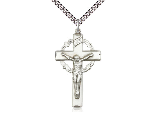 Sterling Silver Crucifix Pendant on a 24 inch Light Rhodium Heavy Curb Chain - Unique Catholic Gifts