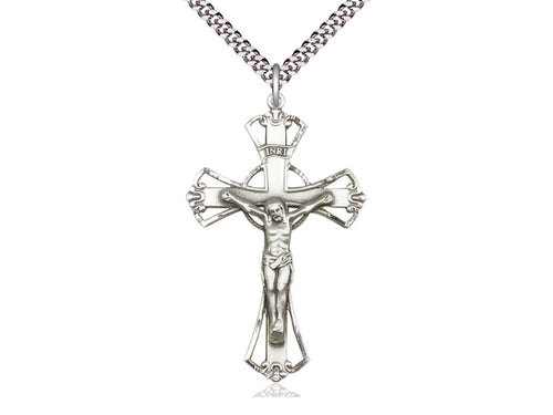 Sterling Silver Crucifix Pendant on a 24 inch Light Rhodium Heavy Curb Chain. - Unique Catholic Gifts