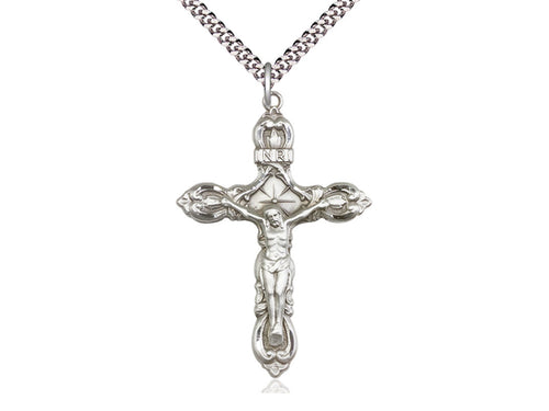Sterling Silver Crucifix Pendant on a 24 inch Light Rhodium Heavy Curb Chain - Unique Catholic Gifts