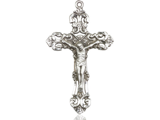 Sterling Silver Crucifix Pendant on a 24 inch Light Rhodium Heavy Curb Chain - Unique Catholic Gifts