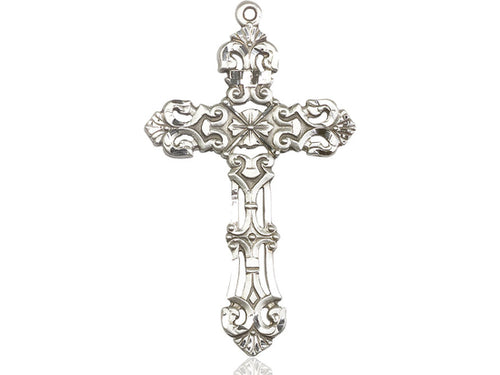 Sterling Silver Cross Pendant on a 24 inch Light Rhodium Heavy Curb Chain - Unique Catholic Gifts