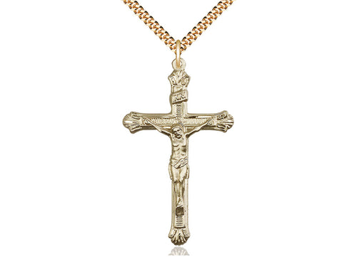 14kt Gold Filled Crucifix Pendant on a 24 inch Gold Plate Heavy Curb Chain - Unique Catholic Gifts