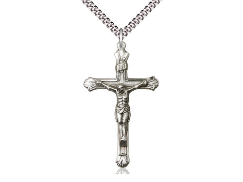 Sterling Silver Crucifix Pendant on a 24 inch Light Rhodium Heavy Curb Chain - Unique Catholic Gifts