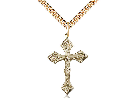 14kt Gold Filled Crucifix Pendant on a 24 inch Gold Plate Heavy Curb Chain - Unique Catholic Gifts