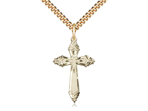 14kt Gold Filled Cross Pendant on a 24 inch Gold Plate Heavy Curb Chain - Unique Catholic Gifts