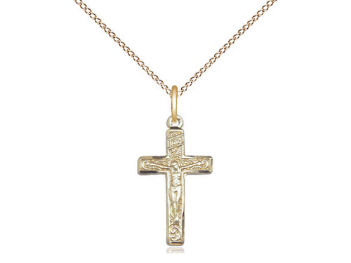 14kt Gold Filled Crucifix Pendant on a 18 inch Gold Filled Light Curb Chain. - Unique Catholic Gifts